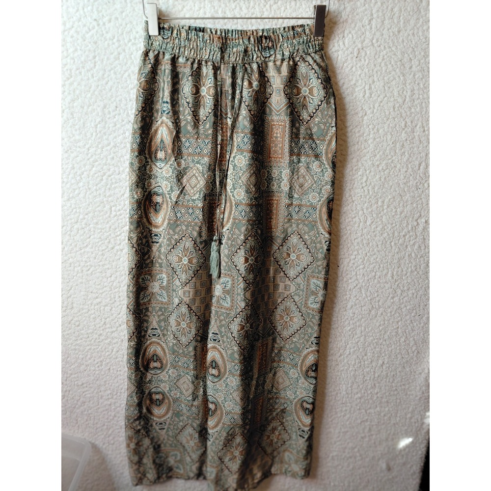 Boho Medallion Print Wide Leg Pants Sage Green Tassel Drawstring Lounge Trousers